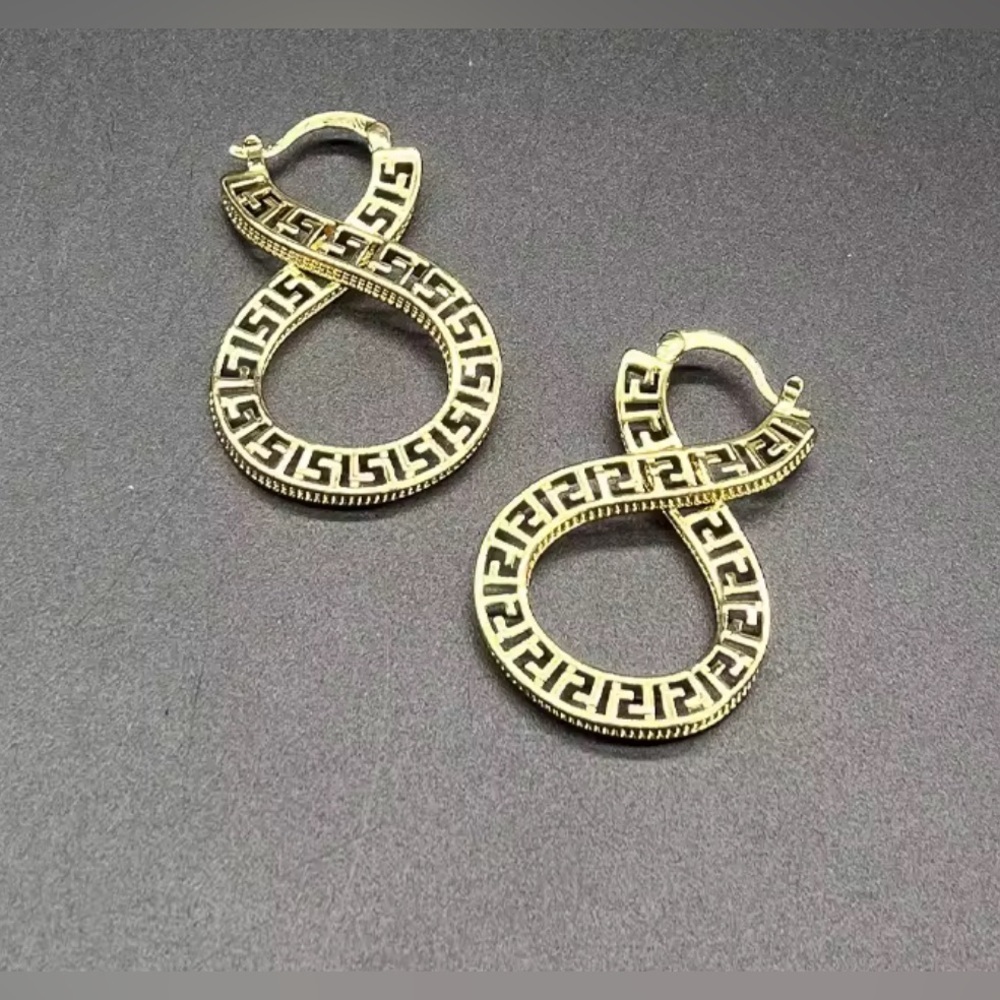 18K Gold Infinity Shape Hoop Style Earrings With Greek Style Design - Picture 2 of 7